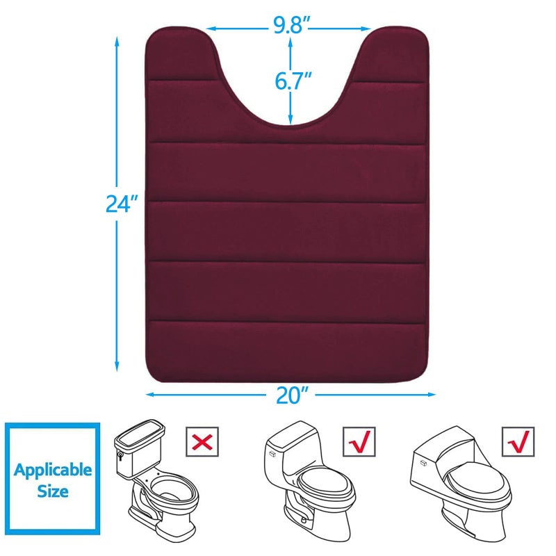 Buganda Memory Foam U-Shaped Contour Toilet Rugs, Non Slip Absorbent, Thick Soft Washable Bathroom Mat, Floor Carpet Bath Rugs Mat for Toilet Base (24" x 20", Burgundy) - Image 2